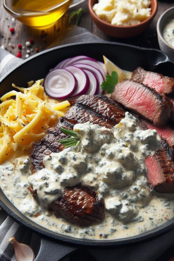 Grilled steak with creamy gorgonzola sauce