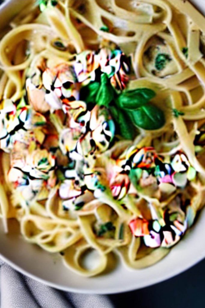 aerial view closeup of white serving dish with chicken shrimp carbonara pasta and sauce on gray tea towel