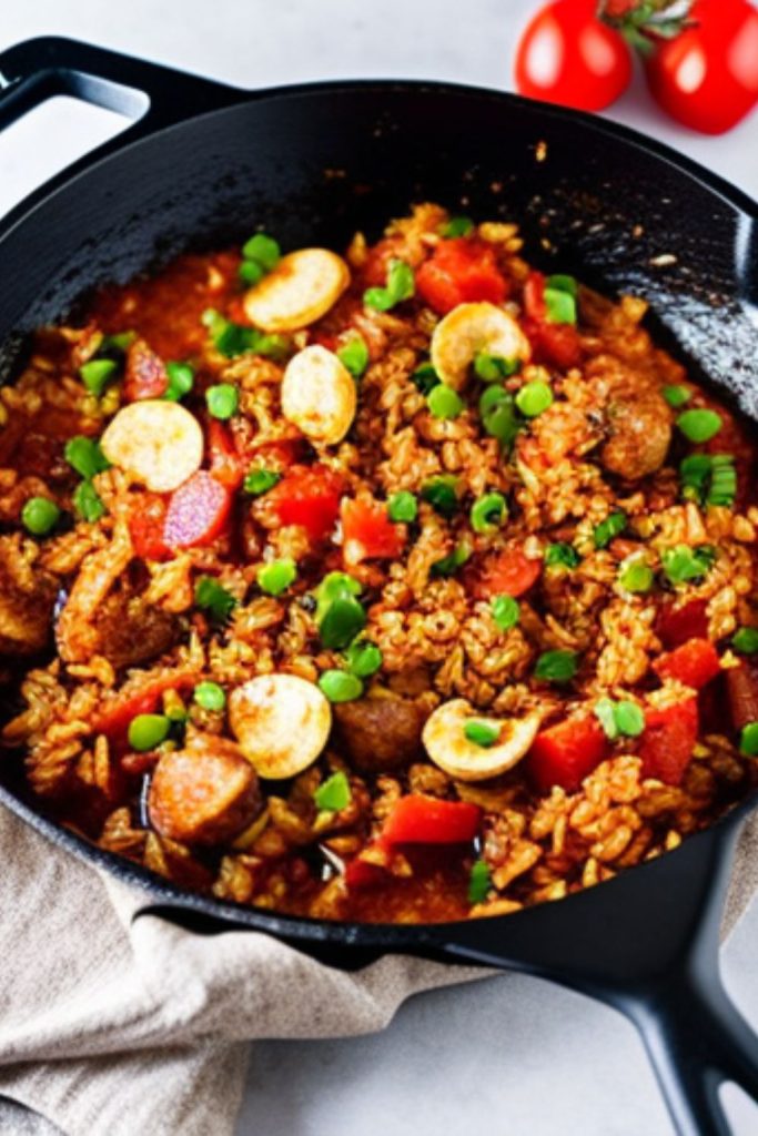 jambalaya with shrimp and green onions in black skillet