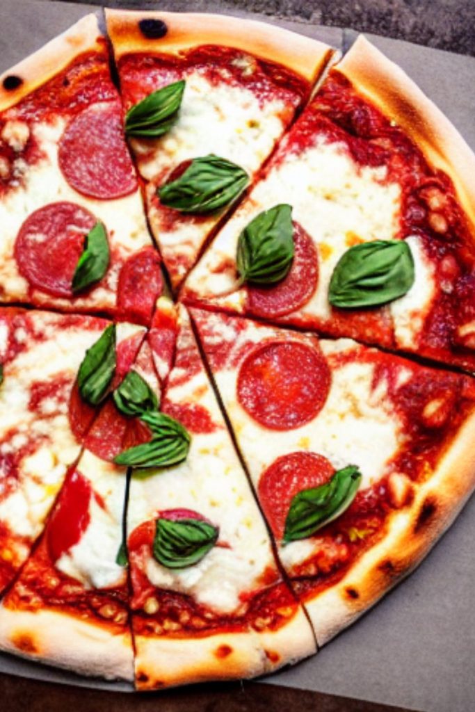 sliced pepperoni pizza with marinara sauce mozzarella and basil leaves