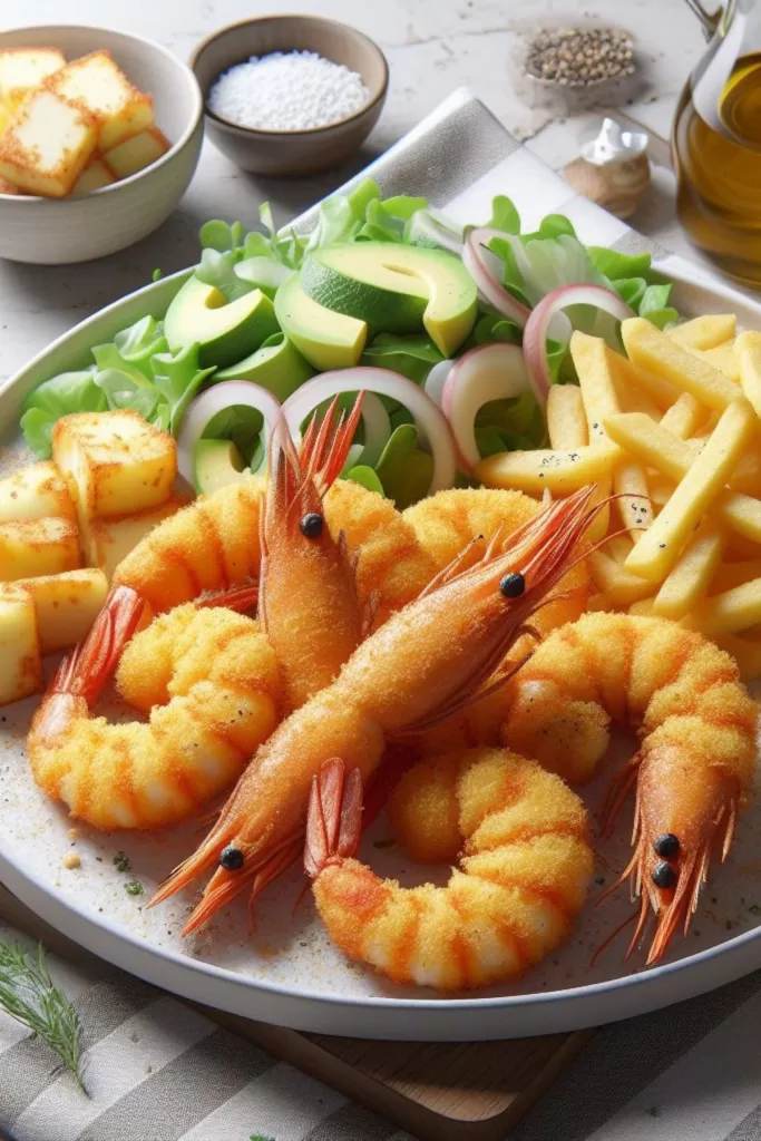 baked shrimp scampi with french fries and greek salad
