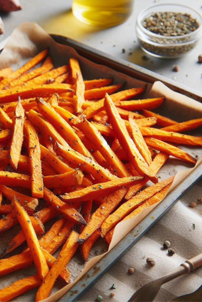 baked sweet potato fries in sheet pan with seasoning & olive oil