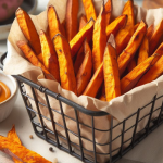 baked sweet potato fries in wire fries basket