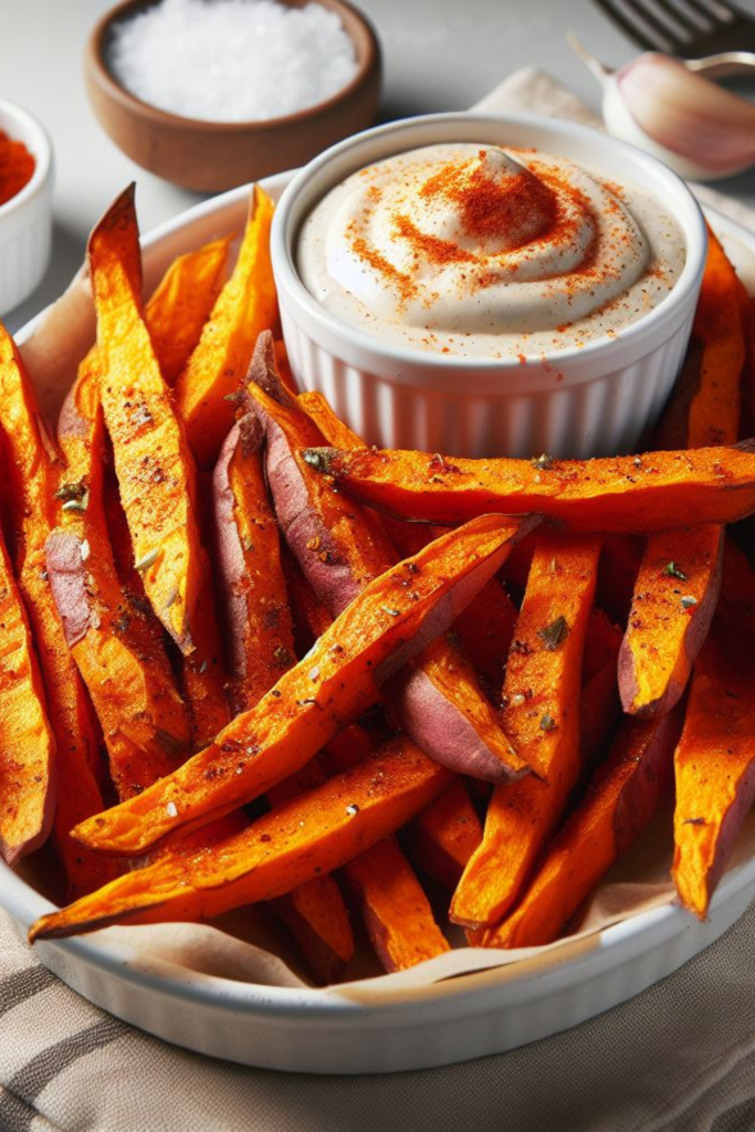 baked sweet potato fries on a plate with paprika, garlic powder, & creamy dipping sauce
