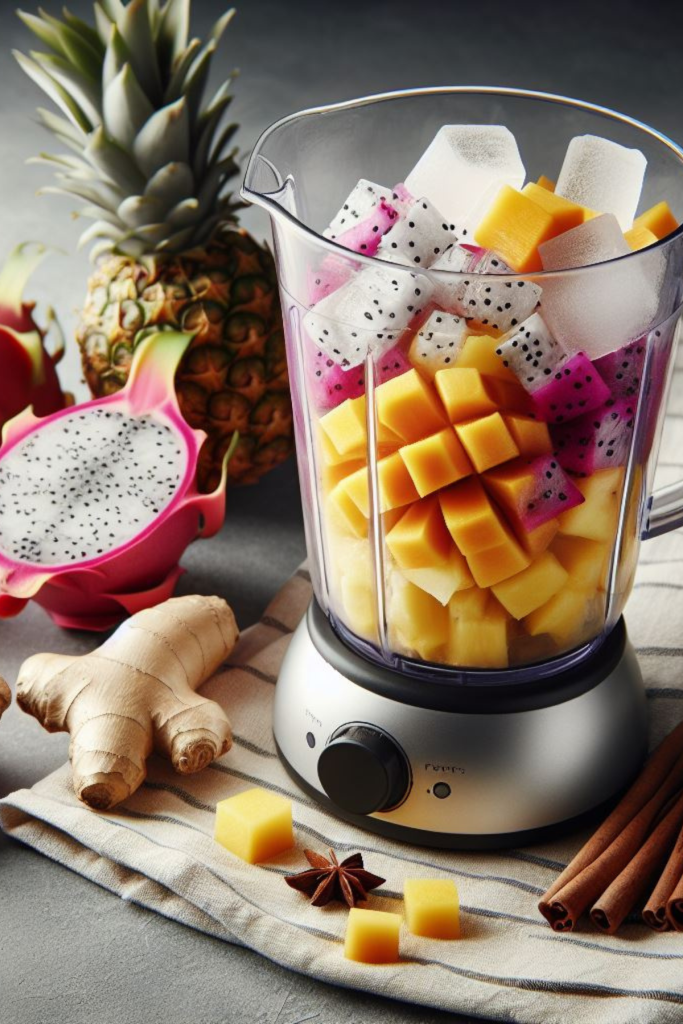 blender filled with mango, pineapple, dragon fruit, and ice cubes
