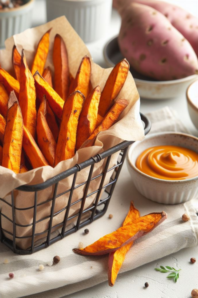closeup of baked sweet potato fries in wire fries basket