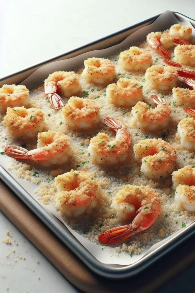 crumbed shrimp scampi on a sheet pan