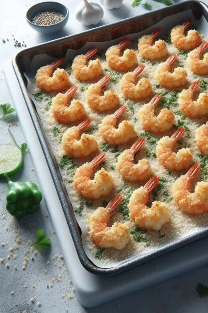 crumbed shrimp scampi ready to bake on a baking tray