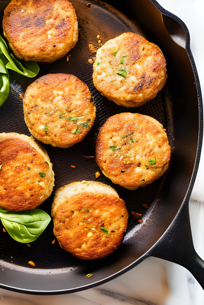 homemade chicken burgers in a skillet
