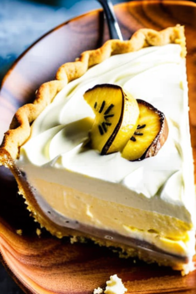 large slice of banana cream pie on a wooden plate