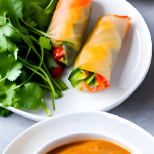 peanut butter dipping sauce with crispy spring rolls