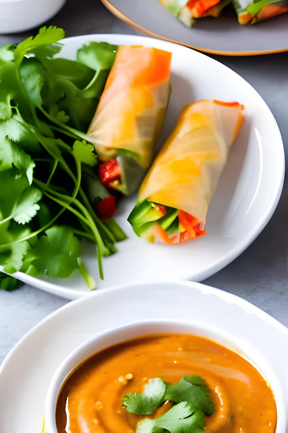 peanut butter dipping sauce with crispy spring rolls