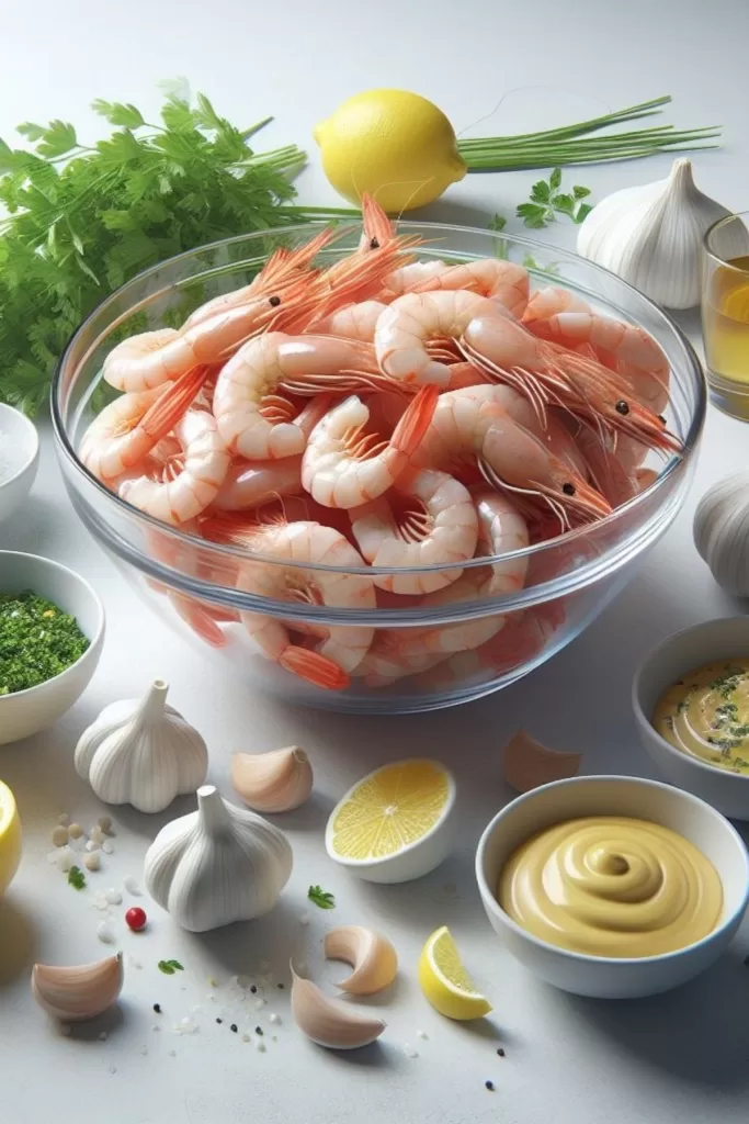 raw shrimp in a bowl with dijon mustard sauce