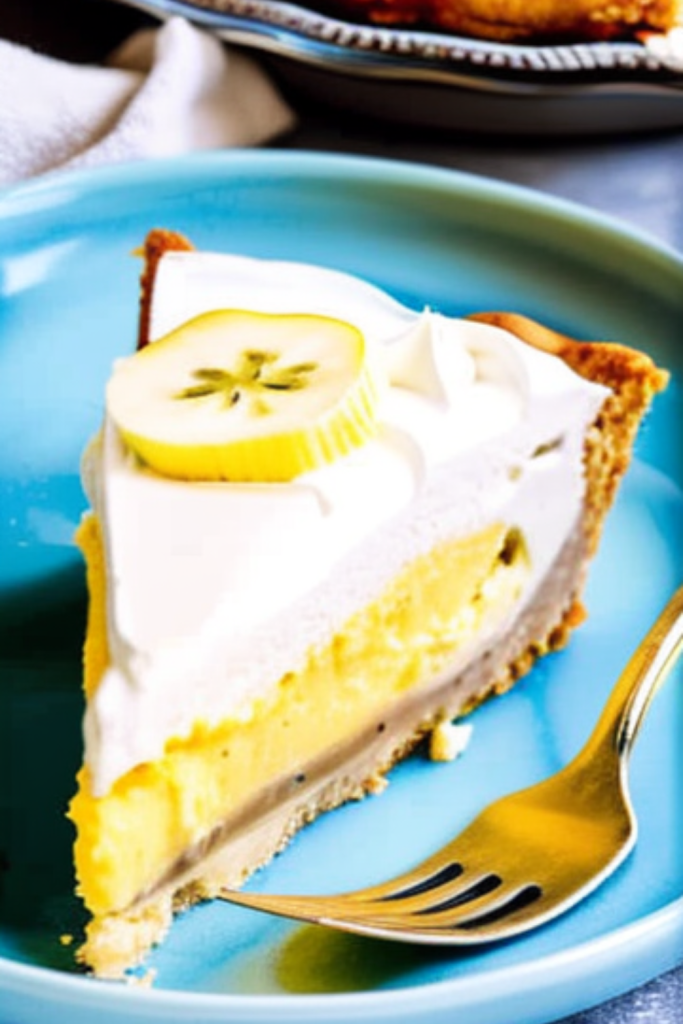 slice of banana cream pie on a blue plate with a fork