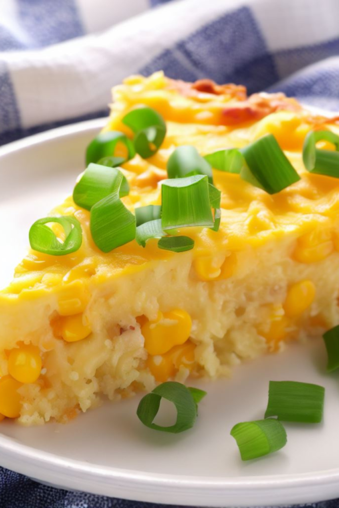 slice of corn casserole with Jiffy mix topped with green onions