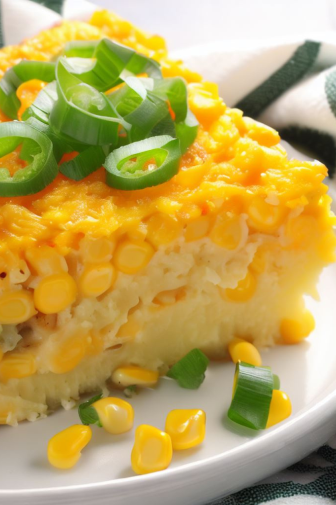 slice of creamy corn casserole on a plate