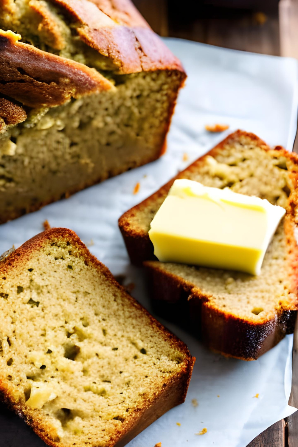 slices of eggless Banana Bread with butter