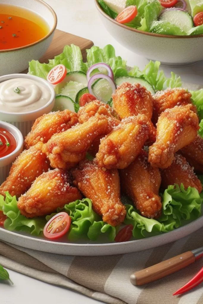 cornstarch chicken wings served with dipping sauces on a bed of lettuce